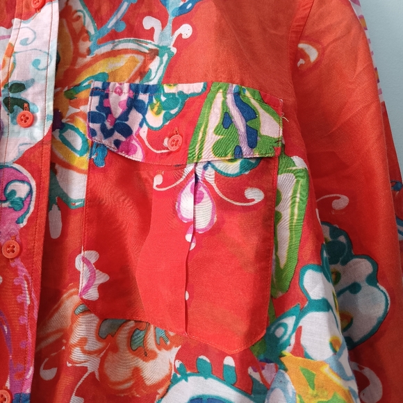 LRL Orange Multicolored Watercolor Cotton Silk Button Down Shirt M - Picture 5 of 10